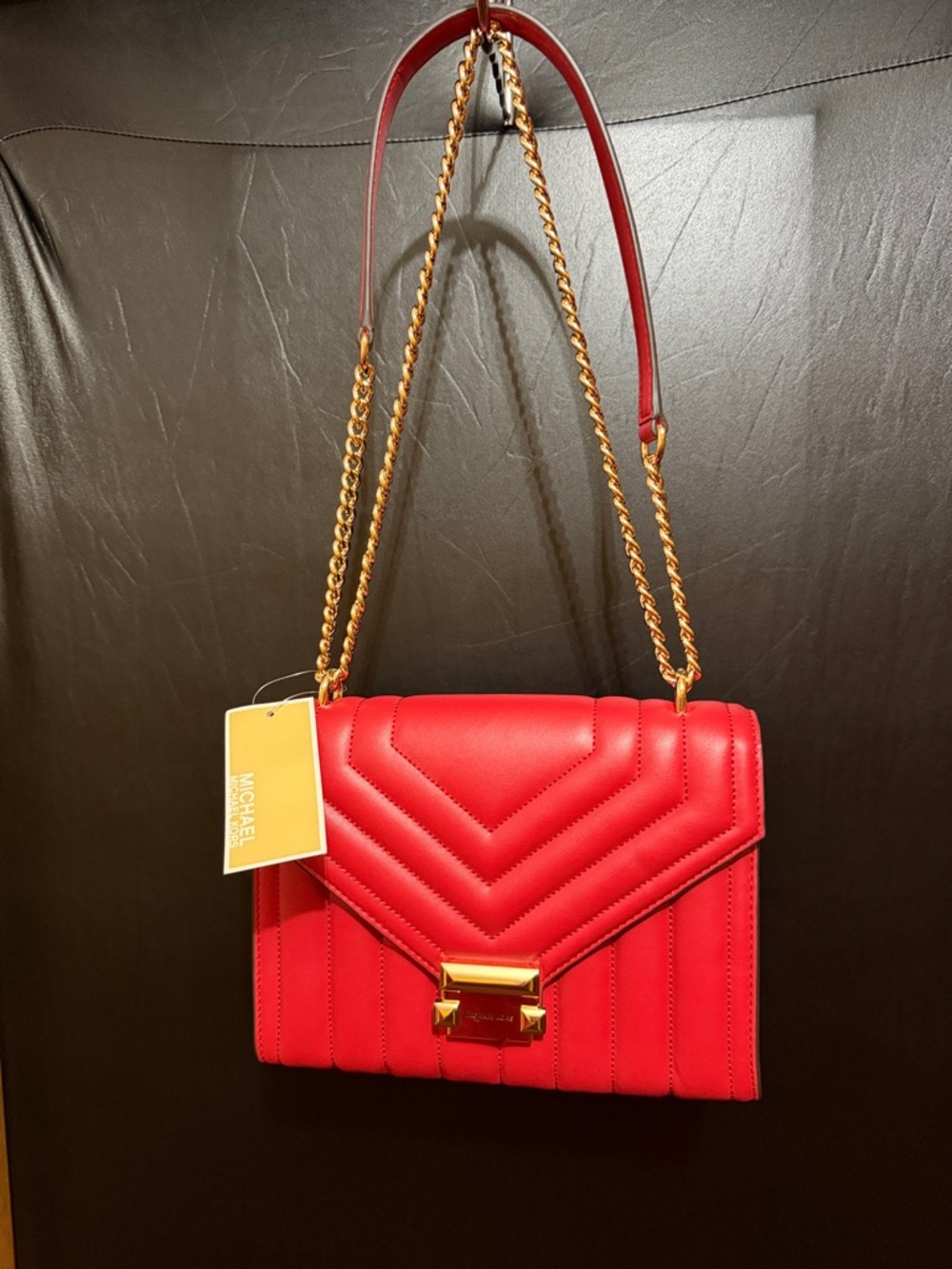Michael Kors Red Quilted Leather Shoulder Bag with Gold Chain Strap